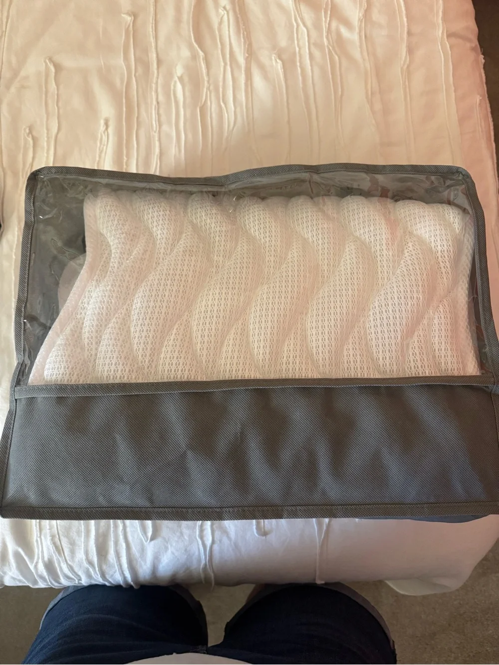 White Quilted Body Length Bath Mat in Gray Storage Case